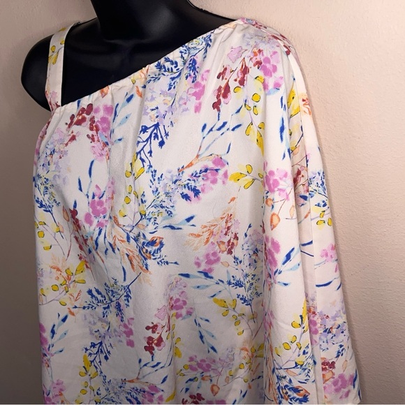 Small Y2K Era Cato Floral Blouse Top One Shoulder Asymmetrical White Pink Blue - Picture 4 of 14